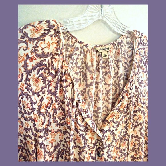 Lucky Brand Peasant Blouse- Orange & Purple Sheer Tunic, Sz Small - Picture 2 of 3